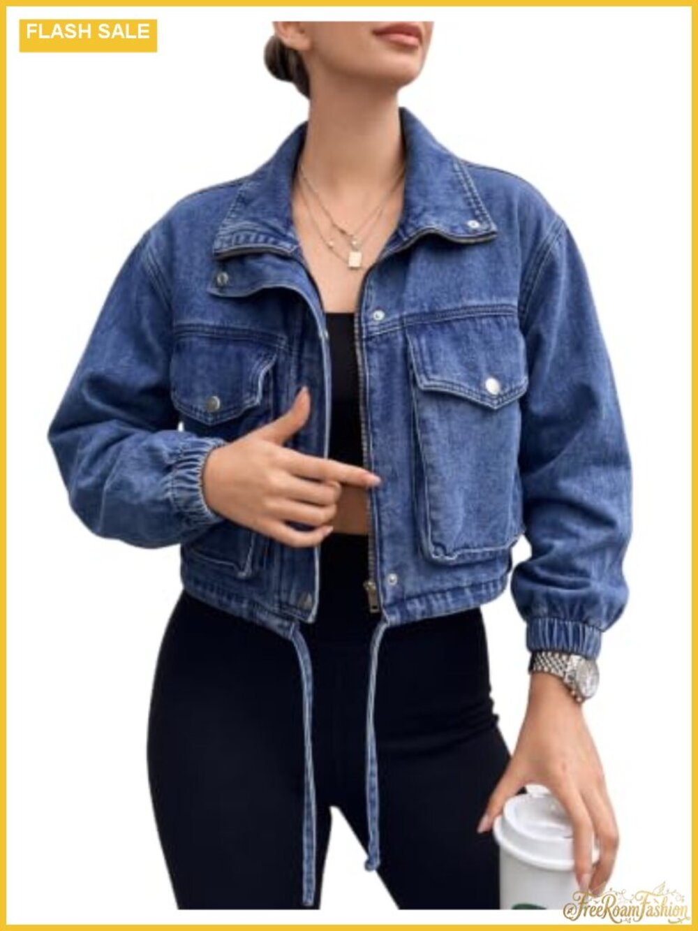 Women's Cropped Denim Jacket Lightweight Zip Up Cotton